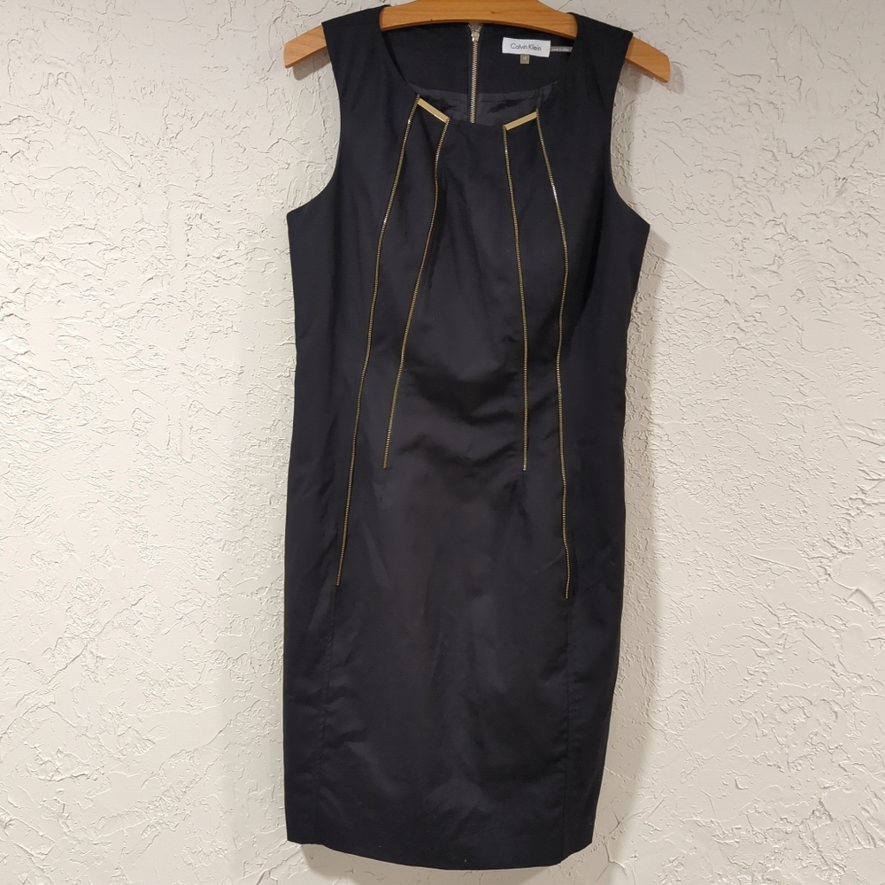 Calvin Klein Short Black Dress with Gold Details Women's 10 Zipper Classic Mini